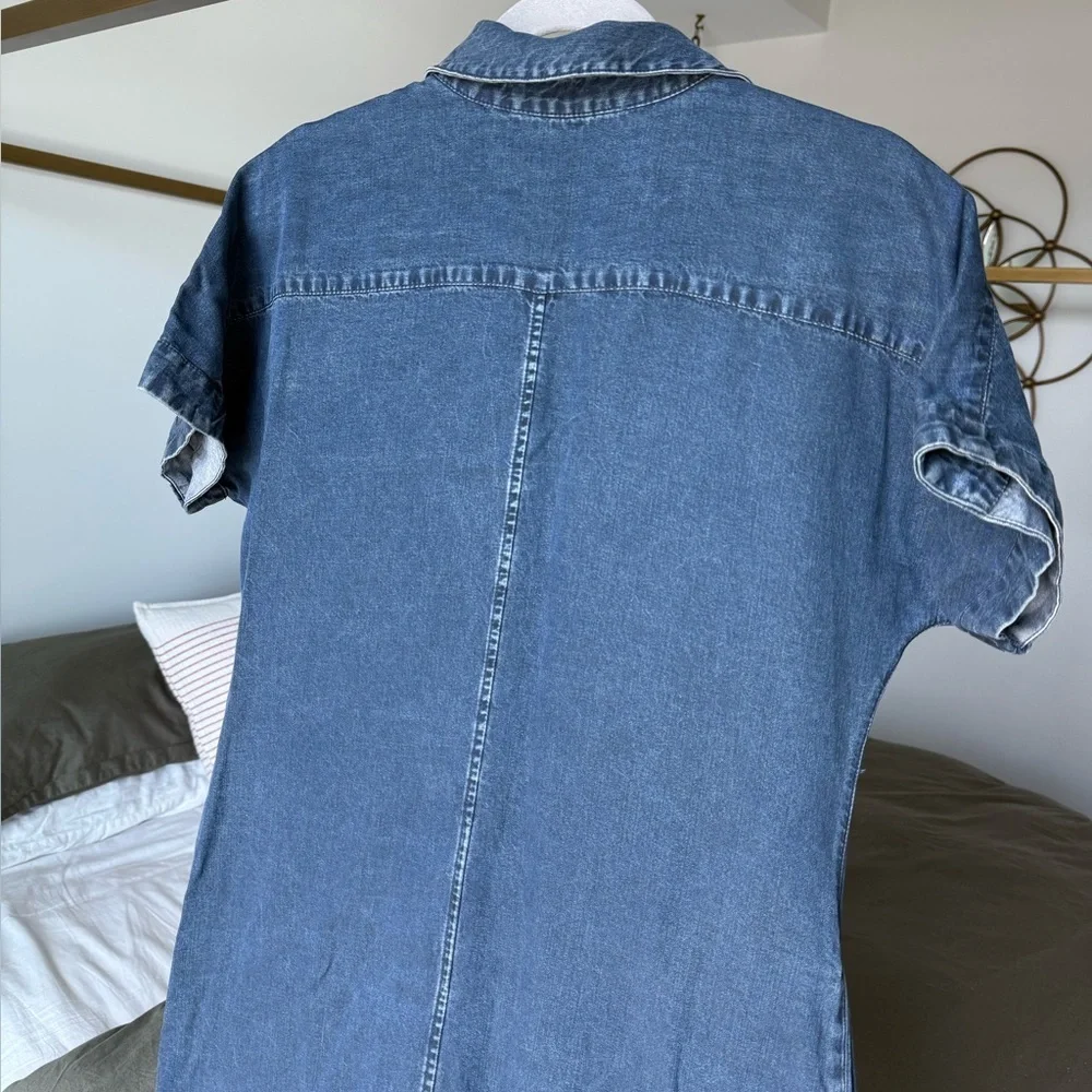 Soft Surroundings Denim Short Sleeve Button Shirt Dress Womens S Blue Midi Slit - Picture 10 of 14